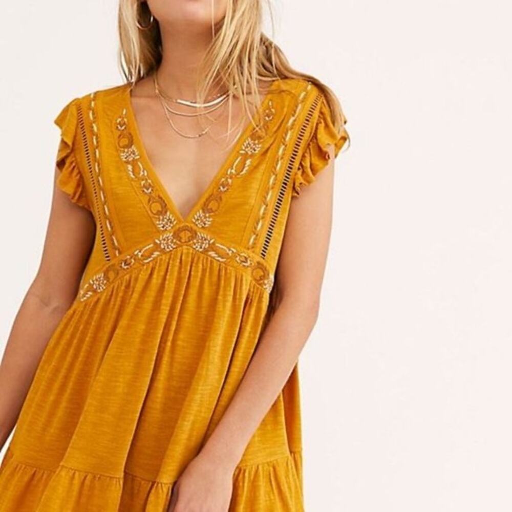 Free People Boho Yellow Embroidered Flowy Ruffle Top Blouse Oversized Size S